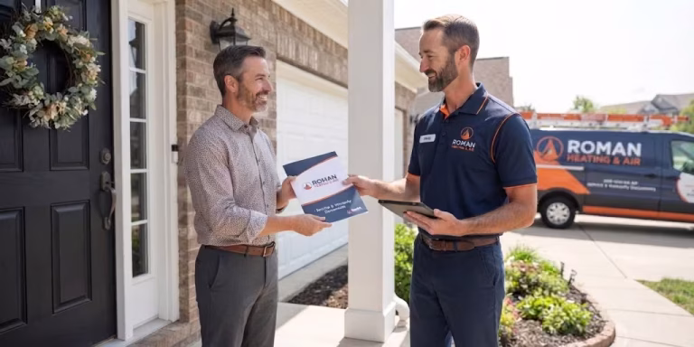A technician handing paperwork to a homeowner outside a house.